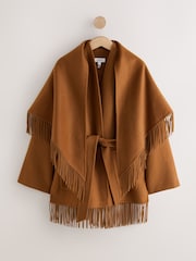 Tan Brown N.Premium Handsewn Fringe Scarf Coat With Wool - Image 1 of 8