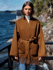 Tan Brown N.Premium Handsewn Fringe Scarf Coat With Wool - Image 3 of 8