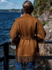 Tan Brown N.Premium Handsewn Fringe Scarf Coat With Wool - Image 4 of 8