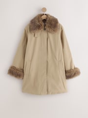 Neutral Shower Resistant Faux Fur Cuff Trench Coat - Image 1 of 4