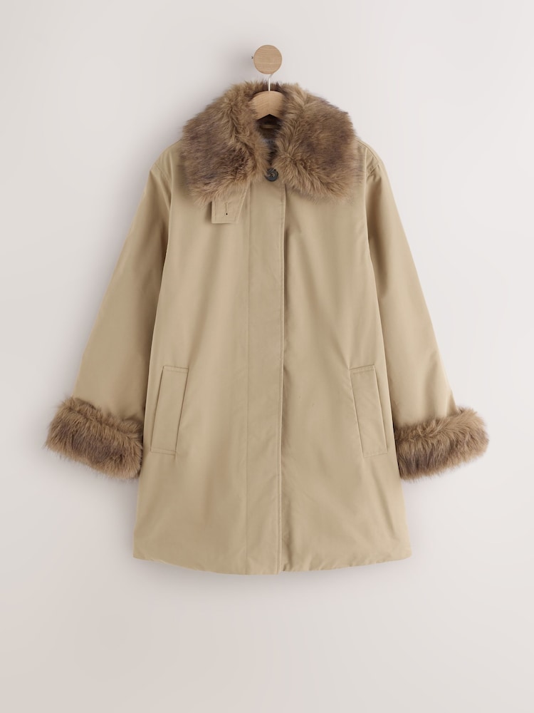 Neutral Shower Resistant Faux Fur Cuff Trench Coat - Image 1 of 4 Neutral Shower Resistant Faux Fur Cuff Trench Coat - Image 1 of 4