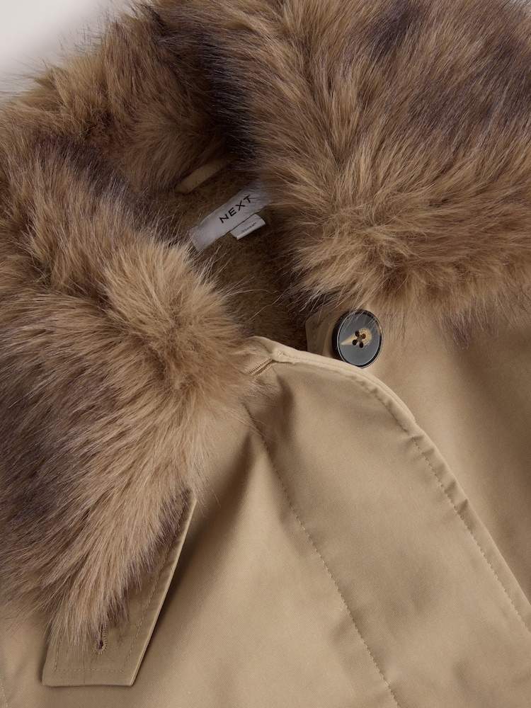 Neutral Shower Resistant Faux Fur Cuff Trench Coat - Image 2 of 4 Neutral Shower Resistant Faux Fur Cuff Trench Coat - Image 2 of 4