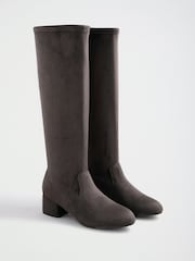 Friends Like These Grey Wide Fit Low Block Heel Stretch Long Knee High Sock Boots - Image 1 of 5