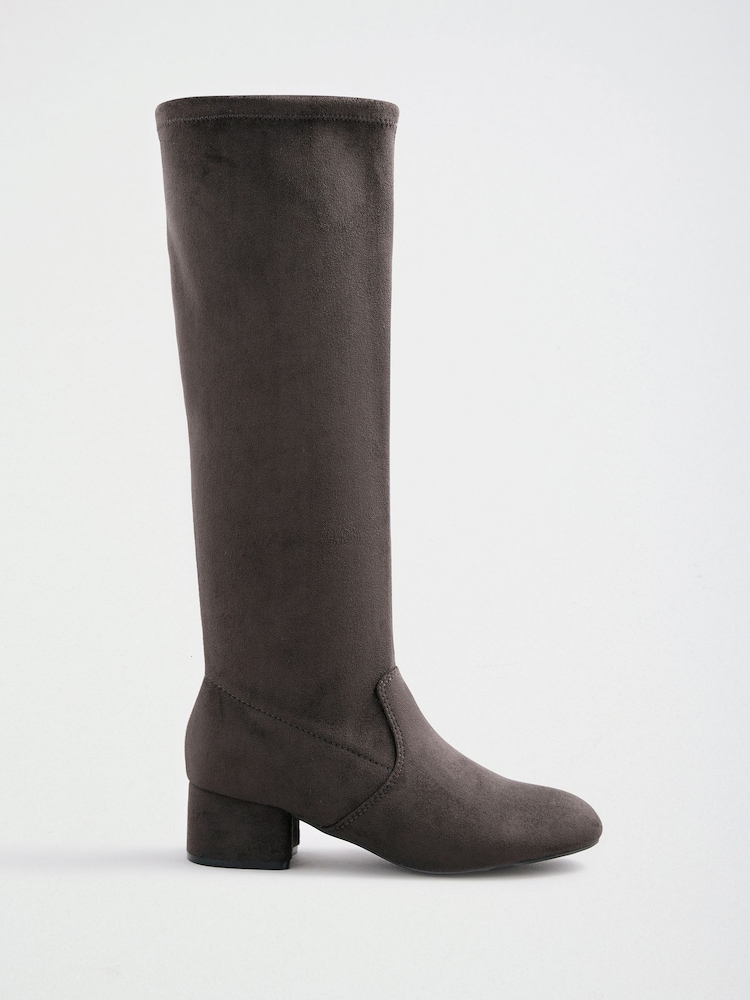 Friends Like These Grey Wide Fit Low Block Heel Stretch Long Knee High Sock Boots - Image 2 of 5