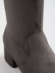 Friends Like These Grey Wide Fit Low Block Heel Stretch Long Knee High Sock Boots - Image 5 of 5