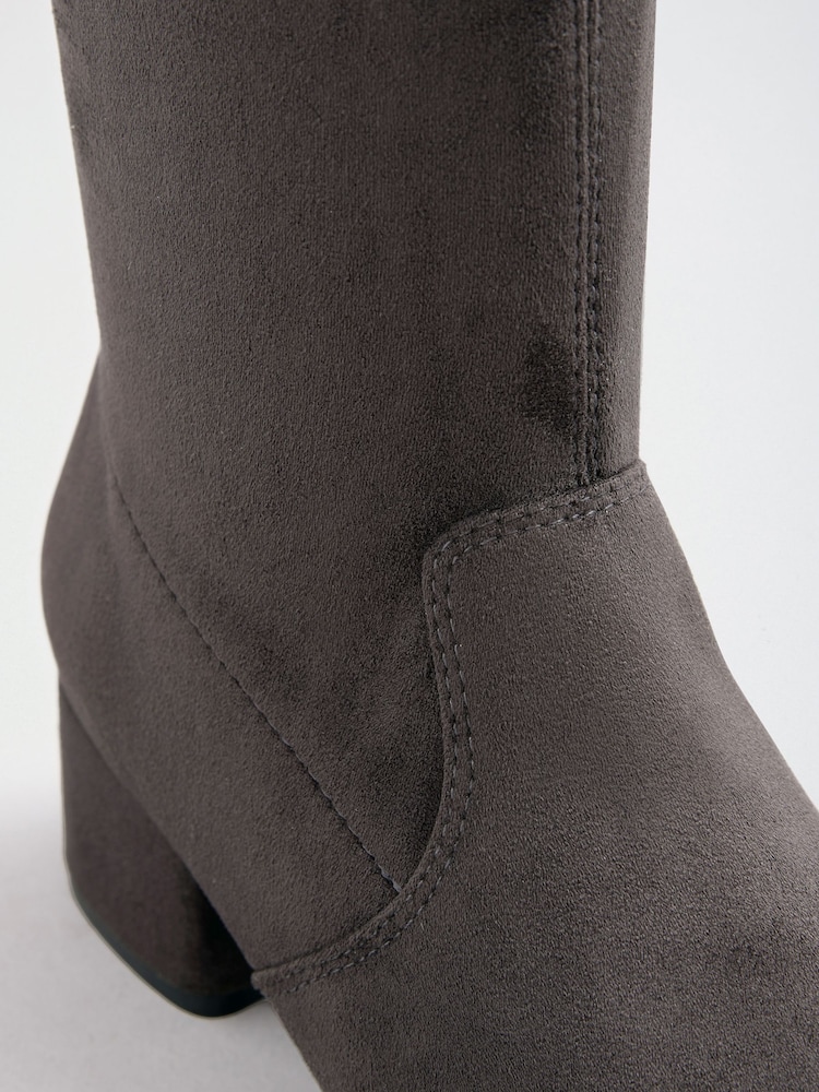 Friends Like These Grey Wide Fit Low Block Heel Stretch Long Knee High Sock Boots - Image 5 of 5
