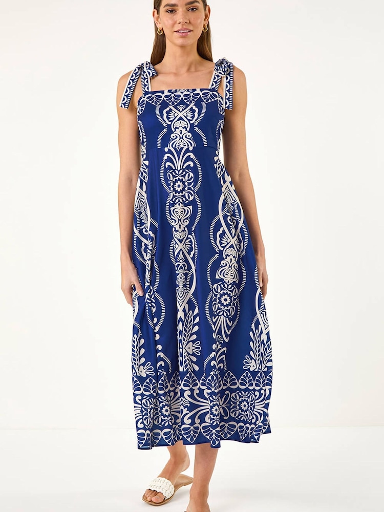 Roman Blue Abstract Midi Dress - Image 2 of 9 Roman Blue Abstract Midi Dress - Image 2 of 9