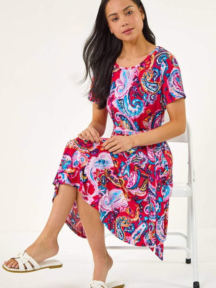 Roman Red Petite Floral Tie Front Swing Dress - Image 1 of 5 Roman Red Petite Floral Tie Front Swing Dress - Image 1 of 5