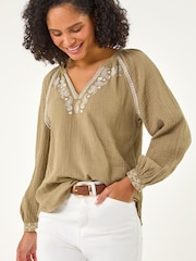Roman Green Embroidered Neck Top - Image 4 of 5