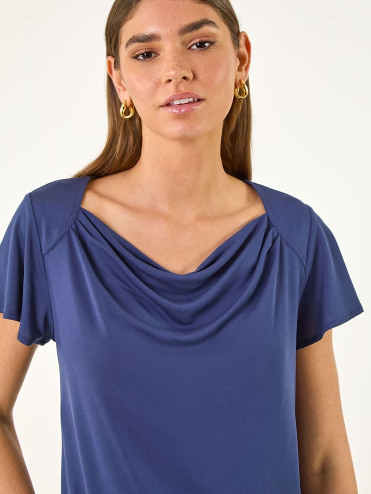 Roman Blue Cowl Neck Stretch Top - Image 1 of 5