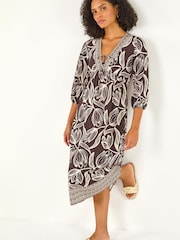 Roman Brown Leaf Border Print V-Neck Midi Dress - Image 1 of 5