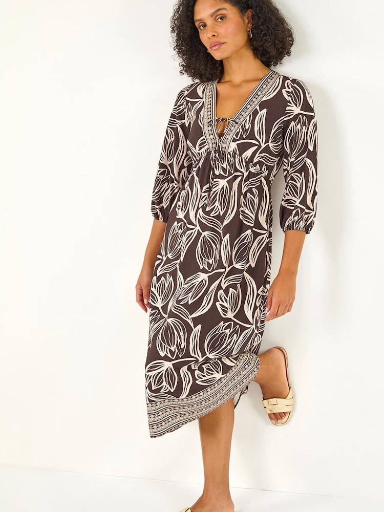 Roman Brown Leaf Border Print V-Neck Midi Dress - Image 1 of 5