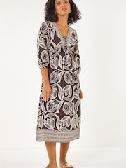 Roman Brown Leaf Border Print V-Neck Midi Dress - Image 2 of 5