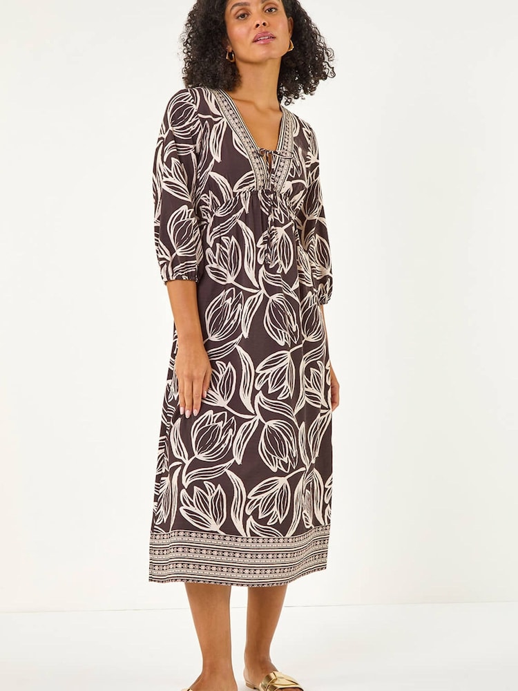 Roman Brown Leaf Border Print V-Neck Midi Dress - Image 2 of 5