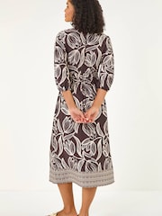Roman Brown Leaf Border Print V-Neck Midi Dress - Image 3 of 5