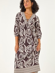 Roman Brown Leaf Border Print V-Neck Midi Dress - Image 4 of 5