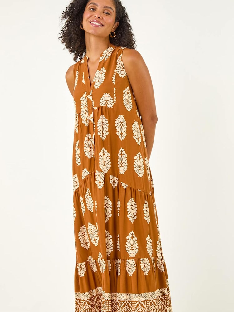 Roman Brown Border Print Smock Maxi Dress - Image 2 of 5