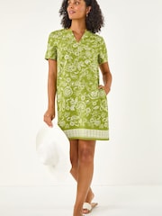 Roman Green Paisley Print Linen Shift Dress - Image 1 of 5