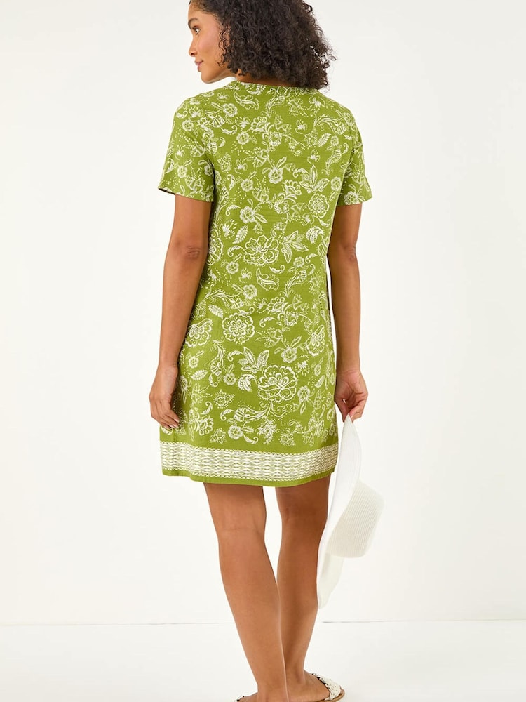 Roman Green Paisley Print Linen Shift Dress - Image 2 of 5