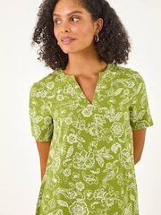 Roman Green Paisley Print Linen Shift Dress - Image 4 of 5