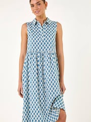 Roman Blue Geometric Diamond Collared Swing Dress - Image 1 of 5