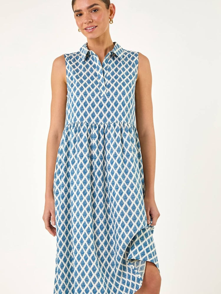 Roman Blue Geometric Diamond Collared Swing Dress - Image 1 of 5