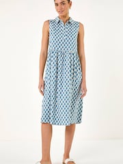 Roman Blue Geometric Diamond Collared Swing Dress - Image 2 of 5