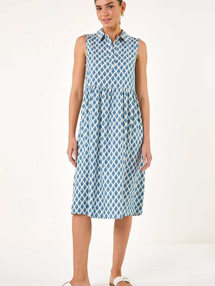Roman Blue Geometric Diamond Collared Swing Dress - Image 2 of 5