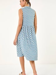 Roman Blue Geometric Diamond Collared Swing Dress - Image 3 of 5