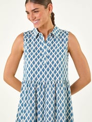 Roman Blue Geometric Diamond Collared Swing Dress - Image 4 of 5