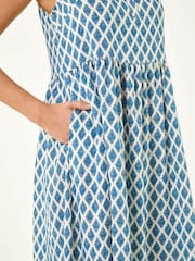 Roman Blue Geometric Diamond Collared Swing Dress - Image 5 of 5