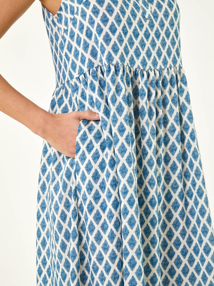 Roman Blue Geometric Diamond Collared Swing Dress - Image 5 of 5