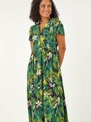 Roman Tropical Leaf Print V-Neck Midi Dress - Imagen 2 de 5