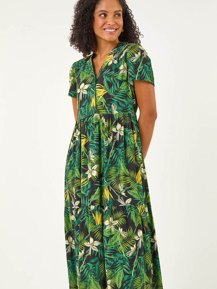 Roman Tropical Leaf Print V-Neck Midi Dress - Imagen 2 de 5