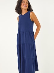 Roman Navy Blue Tiered Midi Smock Dress - Image 2 of 5