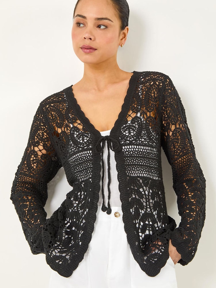 Roman Black Cotton Crochet Knit Cardigan - Image 1 of 5