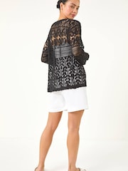 Roman Black Cotton Crochet Knit Cardigan - Image 3 of 5