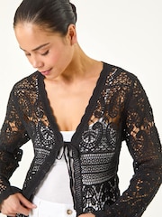 Roman Black Cotton Crochet Knit Cardigan - Image 4 of 5