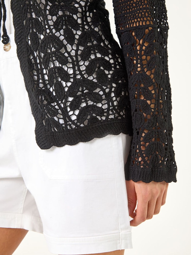 Roman Black Cotton Crochet Knit Cardigan - Image 5 of 5