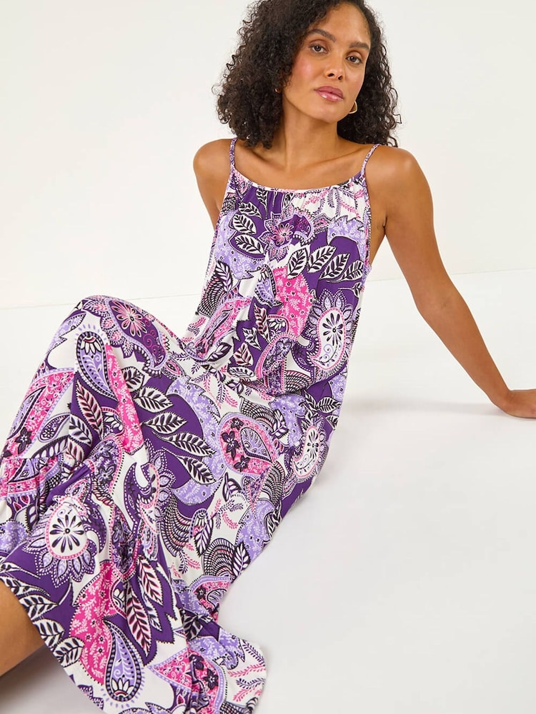 Roman Purple Strappy Paisley Print Midi Dress - Image 1 of 5 Roman Purple Strappy Paisley Print Midi Dress - Image 1 of 5