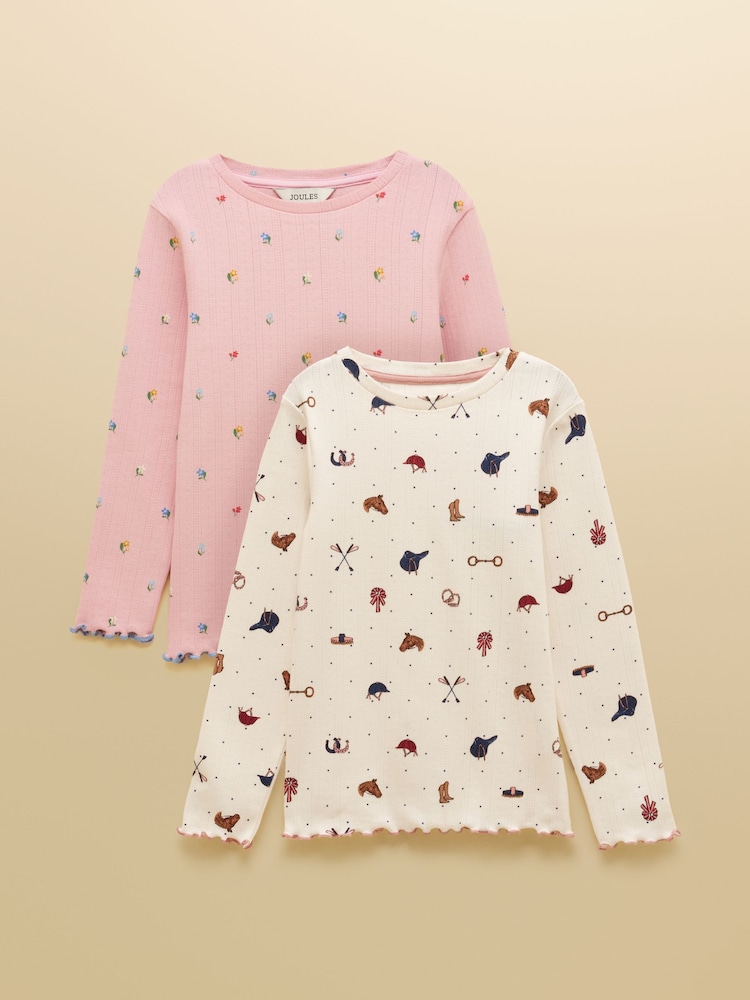 Joules Girls' Odelia Cream & Pink Pack Of Two Long Sleeve Pointelle Tops - Image 1 of 6 Joules Girls' Odelia Cream & Pink Pack Of Two Long Sleeve Pointelle Tops - Image 1 of 6