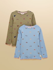 Khaki & Blue - Joules Girls' Odelia Pack Of Two Long Sleeve Pointelle Tops - Imagen 1 de 7