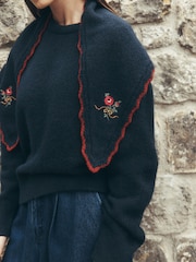 Темно-синий - Вязаный шарф с треугольными чашечками и вышивкой Laura Ashley - Изображение 2 7
