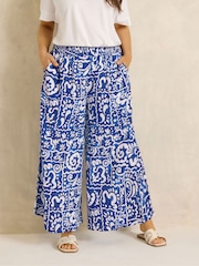 Evans Blue Printed Shirred Waist Trousers - Image 1 of 6