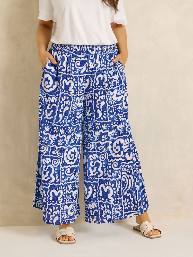Evans Blue Printed Shirred Waist Trousers - Image 1 of 6