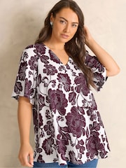Evans Purple Short Sleeve Pleated Front Blouse - Image 1 of 5