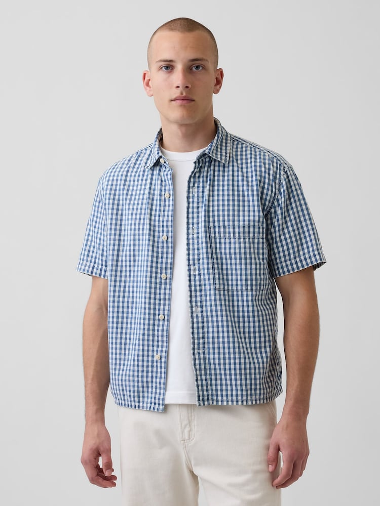 Gap Blue Gingham Denim Relaxed Straight-Hem Shirt - Image 1 of 5