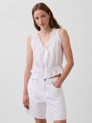 Gap White Eyelet Tie-Front Crop Peplum Scoop neck Top - Image 1 of 4