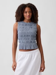 Gap Blue Smocked Gingham Crop Peplum Sleeveless Top - Image 1 of 4