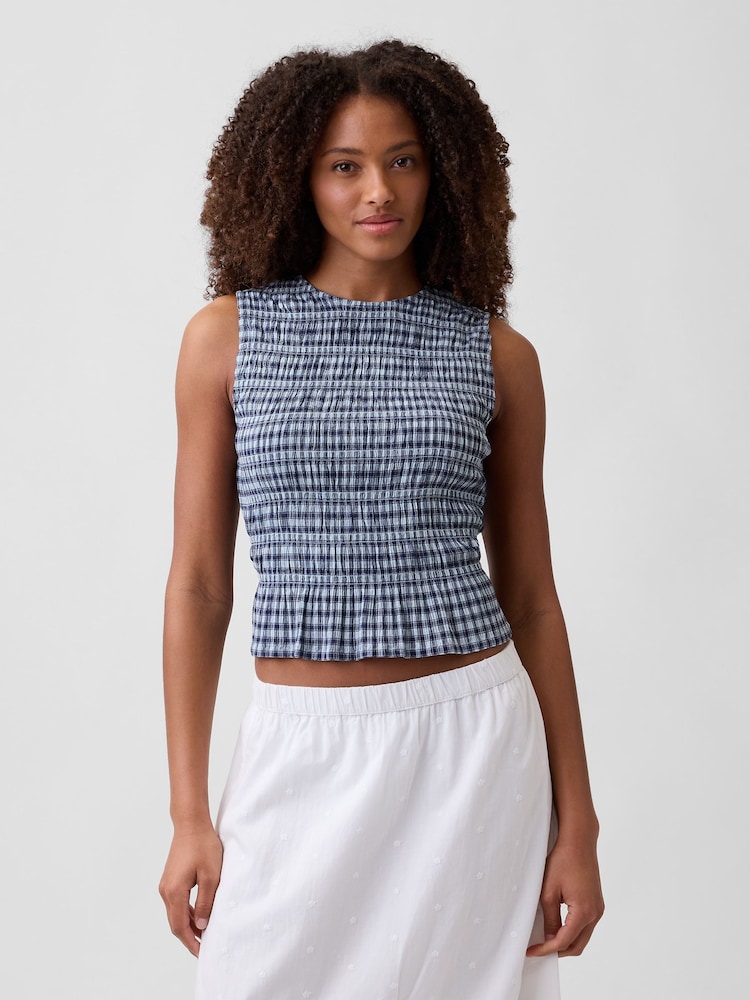 Gap Blue Smocked Gingham Crop Peplum Sleeveless Top - Image 1 of 4